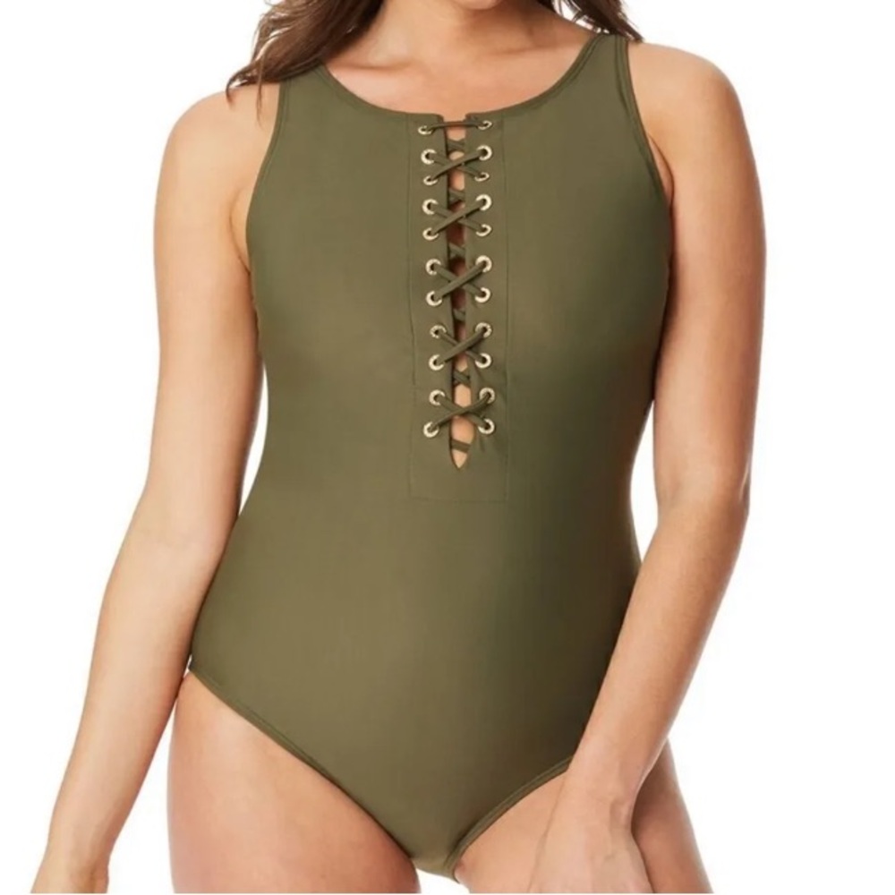 Beyond Control High-Neck Lace-Up One-Piece Swimsuit in Olive